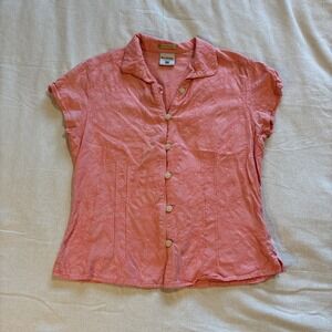 Women's Shirt Medium Salmon Button-Down Floral Pattern Pin-tuck Pleating Collar